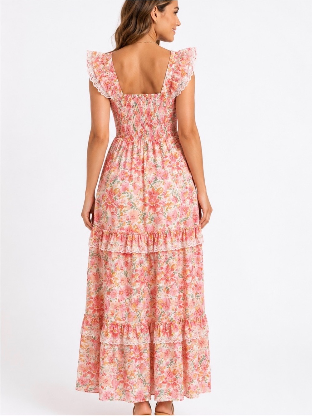 Haute Hippie Pink Floral Tiered Smocked Bodice Maxi Dress size 12 - Picture 2 of 13